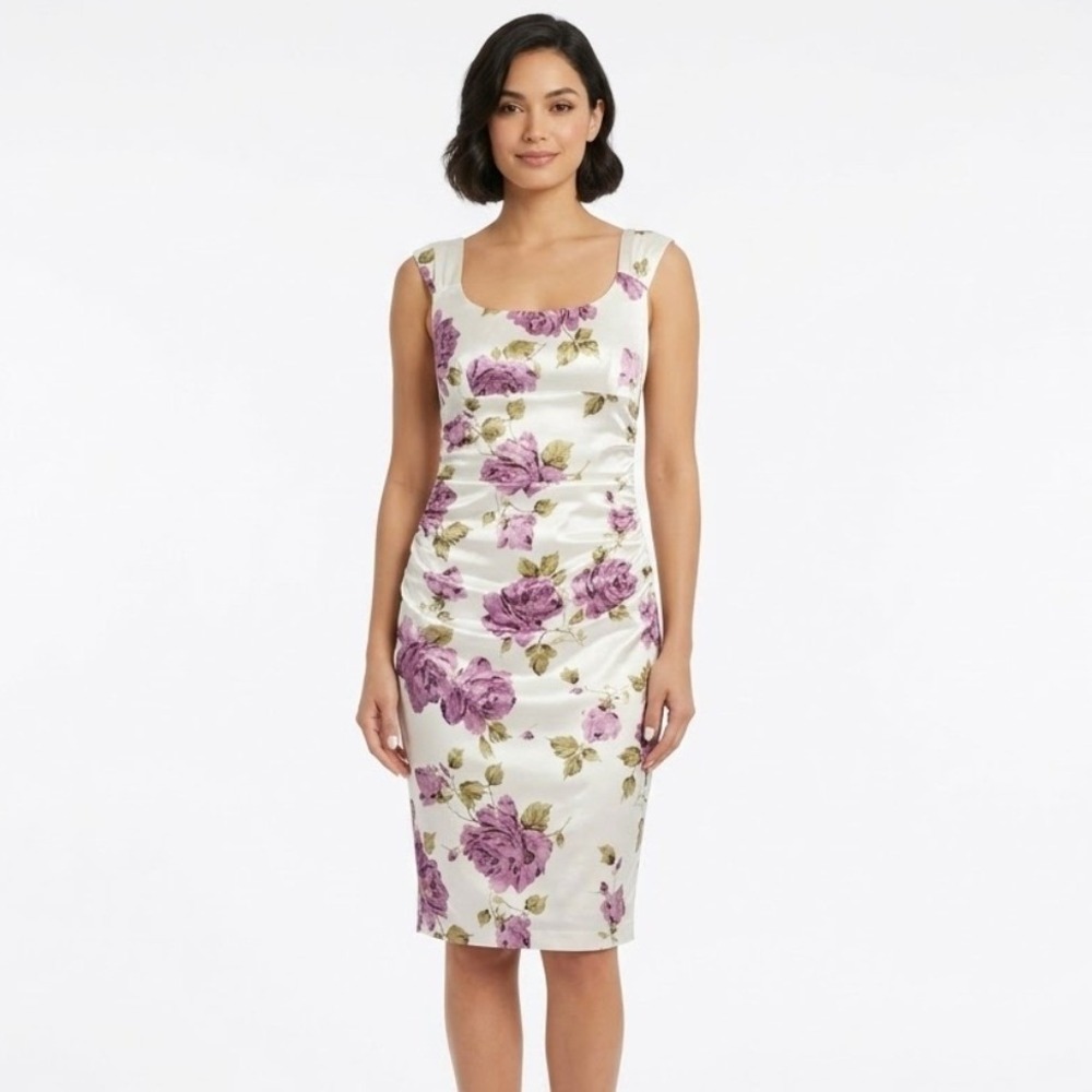 London‎ Times Floral Sheath Dress Women 8P White Purple Ruched Satin